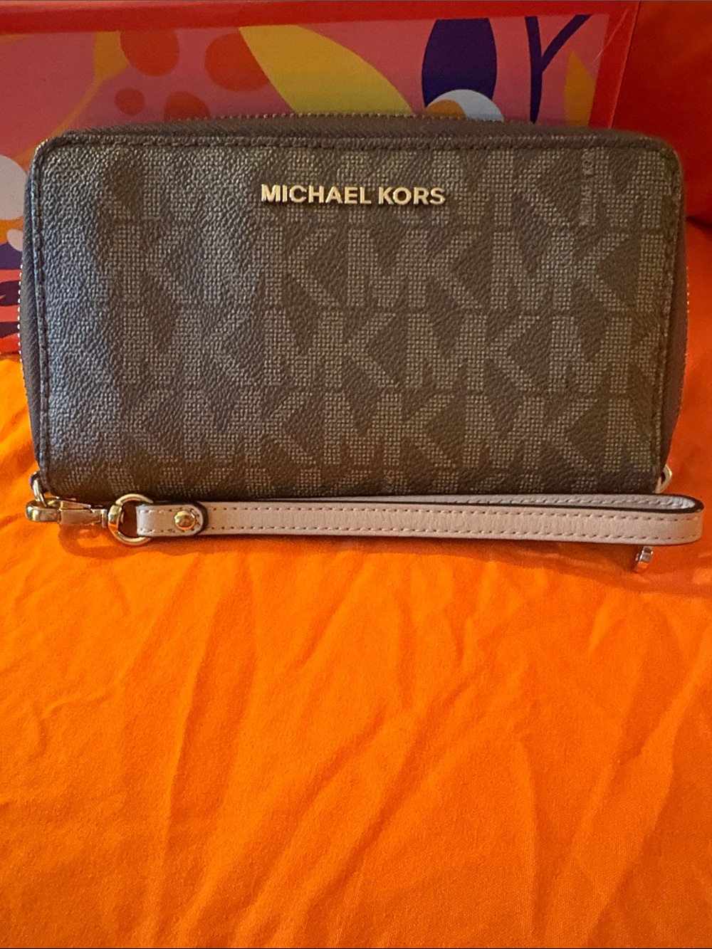 Michael Kors Brown Logo Zip Wallet with Pale Pink Wristlet